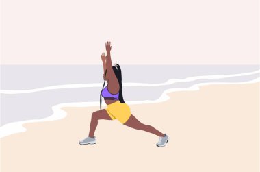 Spor yapan kıvrımlı siyah kadın yoga yapıyor, esniyor, plajda pilates yapıyor. Sağlıklı yaşam tarzı kavramı. Renkli düz vektör illüstrasyonu