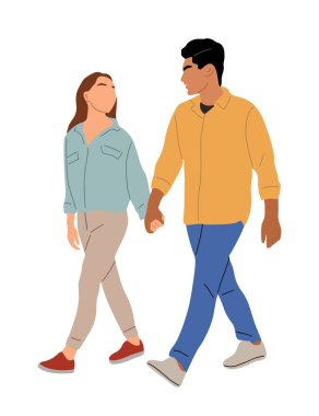 Genç bir çift, sıradan yaz kıyafetleri içinde el ele tutuşarak yürüyen bir kadın ve erkek. Beyaz arkaplanda izole edilmiş renkli düz vektör illüstrasyonu