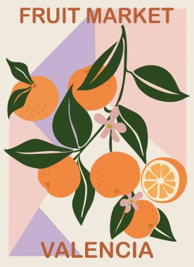 Soyut Fruit Market Valencia retro posteri. Portakal meyvesi tasarımlı çağdaş duvar sanatı. Modern saf iç dekorasyon, vektör sanat resmi.