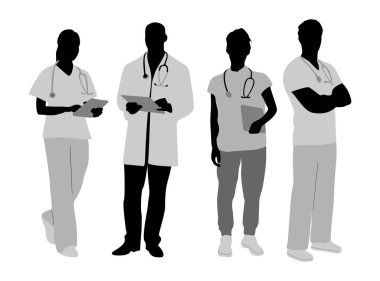 Doktorlar, hemşire, steteskoplu sağlık görevlileri ayakta, yürümekte, pano tutmakta, tablet tutmakta. Beyaz arkaplanda izole edilmiş tek renkli siluetler düz vektör çizimleri