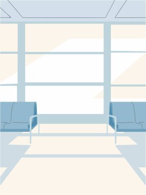 Modern mavi koltukları ve geniş panoramik pencereleri olan boş bir havaalanı terminalinin minimum vektör çizimi. Temiz düz tasarım, parlak gün ışığı, seyahat kavramı