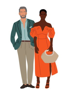 Irklar arası çiftin renkli düz vektör çizimi. Yazlık elbiseli Afro-Amerikan kadın ve beyaz arka planda izole edilmiş, şık günlük kıyafetli beyaz erkek.
