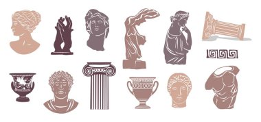 Various Antique statues. Heads of woman, male torso, Nika, hands, amphora. Mythical, ancient greek style. Classic statues in modern style. Hand drawn Vector illustrations isolated on white background.