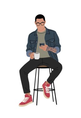 Dövmeli, gözlüklü, mavi ceketli ve kahve ve telefonlu bir taburede oturan şık bir genç. Modern hipster tarzı illüstrasyon. Beyaz arkaplanda izole