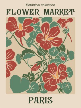Vintage Paris Flower Market poster in Art Nouveau style featuring bold red flowers and green leaves. Retro botanical wall art, perfect for French-themed home decor or travel prints. clipart