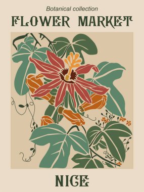 Art Nouveau tarzında Tutku Çiçeği 'nin yer aldığı zarif çiçek pazarı posteri. Klasik seyahat sanatı, retro botanik çizimi, duvar dekorasyonu ve çiçek tasarımı aşıkları için mükemmel..
