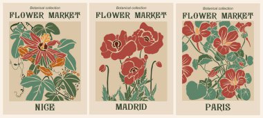 Paris, Madrid ve Nice 'in yer aldığı retro Art Nouveau çiçek pazarı posterleri. Haşhaş ve passiflora çiçekli botanik sanatı, klasik dekor ve çiçek tasarımı için mükemmel..