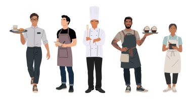 Şef, garson, garson, garson ve barista da dahil olmak üzere üniformalı kafe ve restoran çalışanları. Beyazda izole edilmiş, yemek servisi ve konukseverlik için mükemmel karakterler..