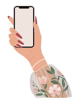 Akıllı telefonu tutan uzun tırnaklı zarif kadın elinin vektör çizimi. Çiçekli kolluk ve inci bilezik. Kadın teknolojisi, beyaz arkaplanda izole