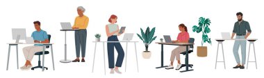 Laptop, bilgisayar ya da tabletle çalışan, sıralarda oturan ya da ayakta duran, akıllı günlük kıyafetlerle çalışan bir grup vektör. İş, takım çalışması ve birlikte çalışma çizimleri için ideal