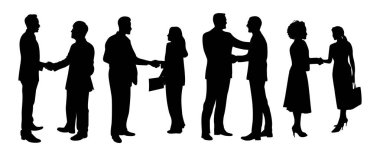 Çeşitli iş adamlarının el sıkıştığını gösteren bir grup siyah siluet ortaklığı, takım çalışmasını ve anlaşmayı sembolize ediyor. Şirket, iş ve ağ projeleri için mükemmel.