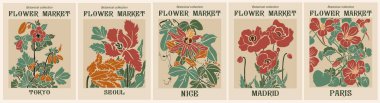 Paris, Madrid, Tokyo, Seul, Nice 'in yer aldığı retro Art Nouveau çiçek pazarı posterleri. Haşhaş, lale, passiflora çiçekli botanik sanatı, klasik dekor ve çiçek tasarımı için mükemmel.