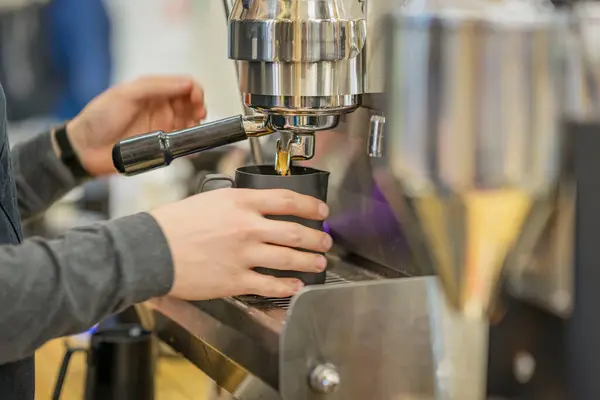 Process of preparation author Rich coffee machine on espresso machine for customer in coffee shop