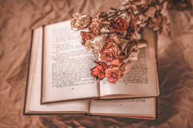 Open book with dried roses lying on its pages, creating a vintage and nostalgic atmosphere clipart