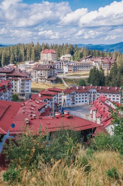 Dağlarda yuva yapmış kırmızı çatıları olan tatil köylerinin manzarası sakin bir ormanda güneşli bir gün.