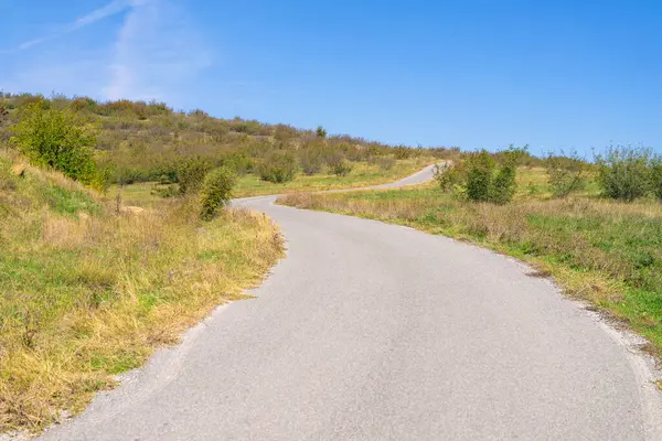 Dolambaçlı kırsal bir yol, berrak mavi bir gökyüzünün altında, sakin kırsal kesimde gün ışığında yeşil tepeler boyunca kıvrılır.