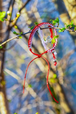 Dalına filizlenen yapraklarla bağlanmış kırmızı Martenitsa bileziği. Baharı karşılama ve şans getirme anlamındaki Bulgar geleneği. Balkanlarda geleneksel bahar sembolü ağaç dalında asılı