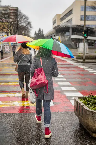 Renkli şemsiyeli kadınlar kar yağışı ve dikiz manzarası sırasında şehir caddesinden geçiyorlar. Soğuk kış havasında çekilen canlı şehir tarzı