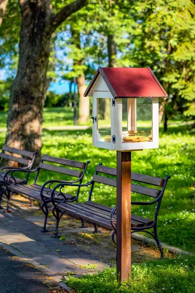 Tahta ücretsiz mini kütüphane standı. İçinde cam kapılar ve kitaplar olan küçük ücretsiz kütüphane, güneşli parktaki bankların yanına yerleştirilmiş. Kitap paylaşım kavramı, bilgi, halka açık okuma, kentsel toplum