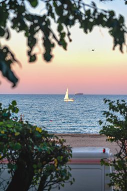 Yelkenli, günbatımında sakin denizin üzerinde süzülür. Ağaç dalları ve sıcak pastel gökyüzü tarafından çerçevelenir. Yelkenli konsepti, huzurlu kaçış, akşam sakinliği, manzaralı kıyı güzelliği