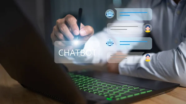 stock image Chatbot conversation. Person using online customer service with chat bot to get support. Artificial intelligence and CRM software automation technology. Virtual assistant on internet.