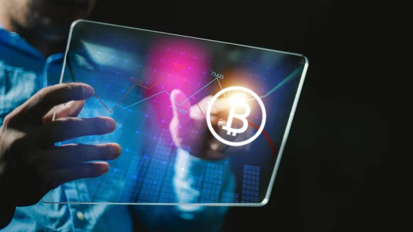 Businessman Using Tablet Connected Global Network Gold Bitcoin Coin Fire — Stock Photo, Image