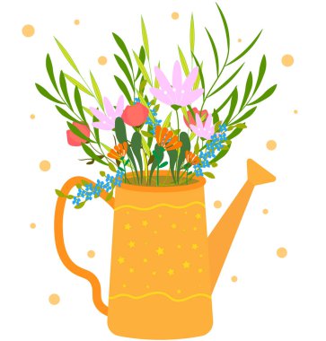 Su kutusunda bir buket kır çiçeği. Vektör illüstrasyonu