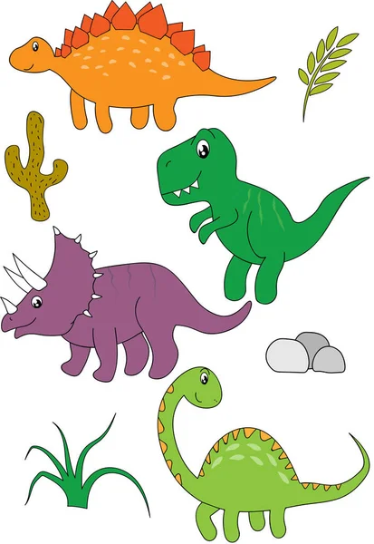 Cartoon Dinosaurs Set White Background Vector Illustration Kids — Stock Vector