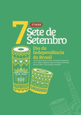 Brezilya 'nın bağımsızlık günü 7 de setembro, el yapımı gitarlar ve Brezilya el davullarıyla. Moda grunge pulu Brezilya Bağımsızlık Günü posteri.