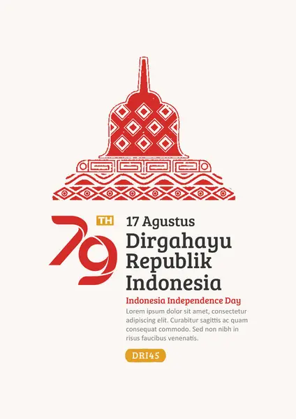 stock vector Indonesia Independence Day Poster. Hand-Drawn Borobudur Temple with Trendy Stamp. 17 Agustus Celebration