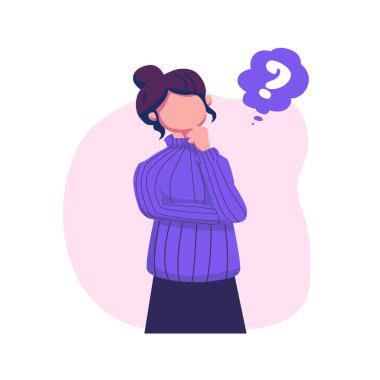 Kafası karışmış erkek ve kadınların kuşkuları ve düz stil illüstrasyon işareti