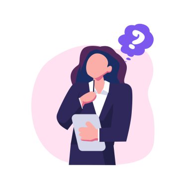 Kafası karışmış erkek ve kadınların kuşkuları ve düz stil illüstrasyon işareti