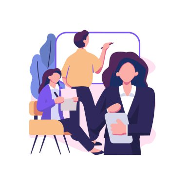 Groups of people work in teams together at business corporate projects for common goal flat