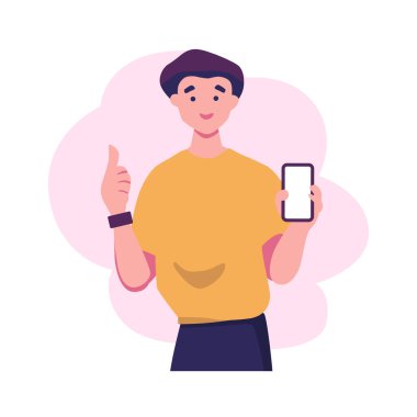 young boy holding a smartphone flat style illustration