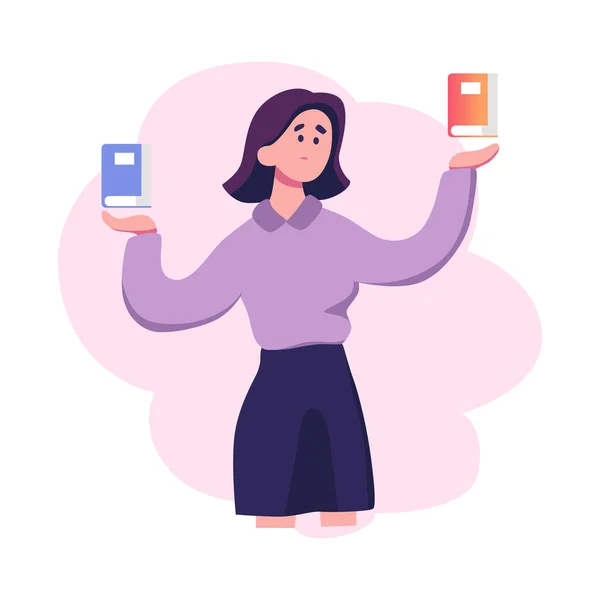 Happy Girl Chooing Book Flat Style Illustration — 스톡 벡터