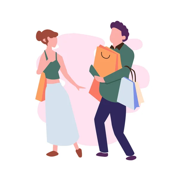 Lyckliga Par Shopping Tillsammans Platt Illustration — Stock vektor