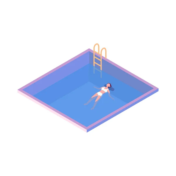 Happy Calm Woman Floating Lying Water Surface Flat Style Isometric — Stock Vector