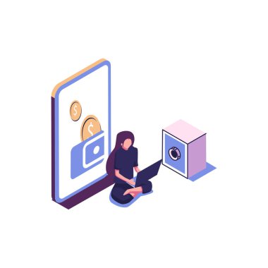 Dijital cüzdan düz stil izometrik çizim vektör tasarımı