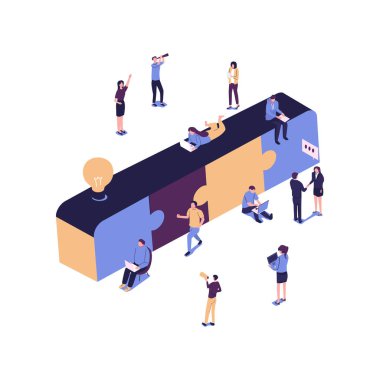 İş konsepti. Takım metaforu. Yapboz elementlerini birbirine bağlayan insanlar. Vektör illüstrasyon düz tasarım tarzı. Takım çalışması, işbirliği, ortaklık vektörü