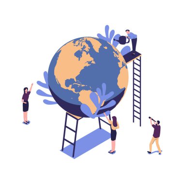 Küçük adamlar Dünya gününe hazırlanıyor, gezegeni kurtarıyor, enerjiyi kurtarıyor, Dünya Günü vektörü kavramını.