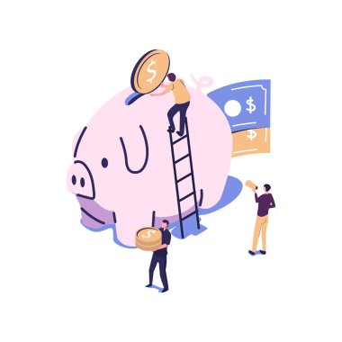 Beyaz arka planda bir domuz yavrusu şeklinde büyük bir kumbara, finansal hizmetler, küçük bankacılar para biriktirmek veya biriktirmekle meşguldürler.