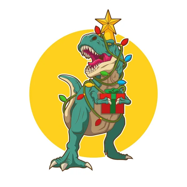 Tyrannosaurus Noel Ağacı Rex Kartı Noel Baba Şapkalı Dinozor Noel — Stok Vektör