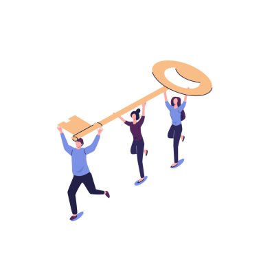 İş adamı ve girişimci kapıya elinde anahtar, takım çalışması konsepti düz izometrik