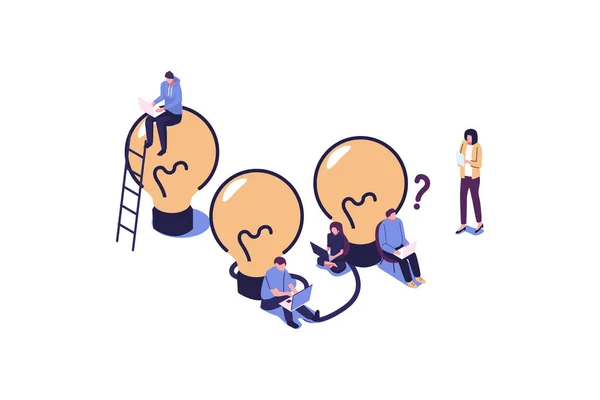 business meeting and brainstorming, business concept for teamwork, searching for new solutions, little people are sitting on light bulbs in search of ideas vector