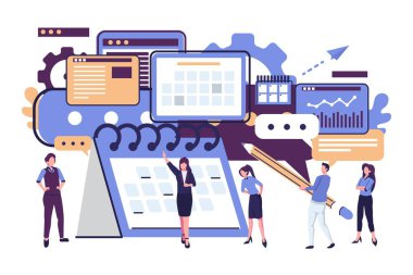 İnsanlar proje ve iş grafikleri için bir haftalık düz illüstrasyon programı hazırlıyorlar.