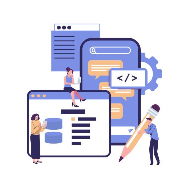 Mobil arayüz oluşturma süreci, API yazılımı düz vektör illüstrasyon tasarımı