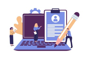 İnsanlar özgeçmişi doldurur, veri profili, düz biçim çizim vektör tasarımı oluşturur