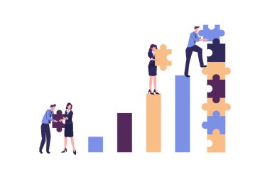 Yapboz elementlerini birleştiren insanlar, takım çalışması, işbirlikçi, ortakyaşam karşılıklılığı düz vektör çizimi