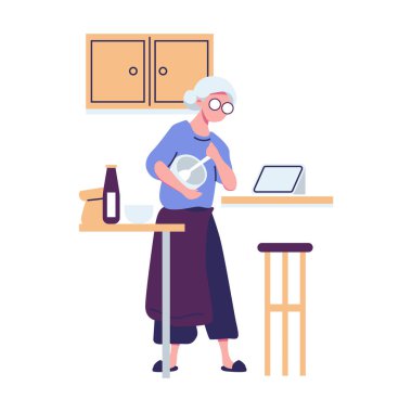 İnternet, cep telefonu, bilgisayar kullanan modern yaşlılar. Üst düzey erkekler, kadınlar, akıllı telefonlu çift, dizüstü bilgisayarlar. Yaşlılar çevrimiçi. Düz grafik vektör çizimi beyaz arkaplanda izole edildi