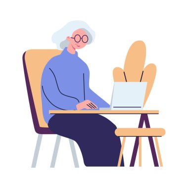 İnternet, cep telefonu, bilgisayar kullanan modern yaşlılar. Üst düzey erkekler, kadınlar, akıllı telefonlu çift, dizüstü bilgisayarlar. Yaşlılar çevrimiçi. Düz grafik vektör çizimi beyaz arkaplanda izole edildi